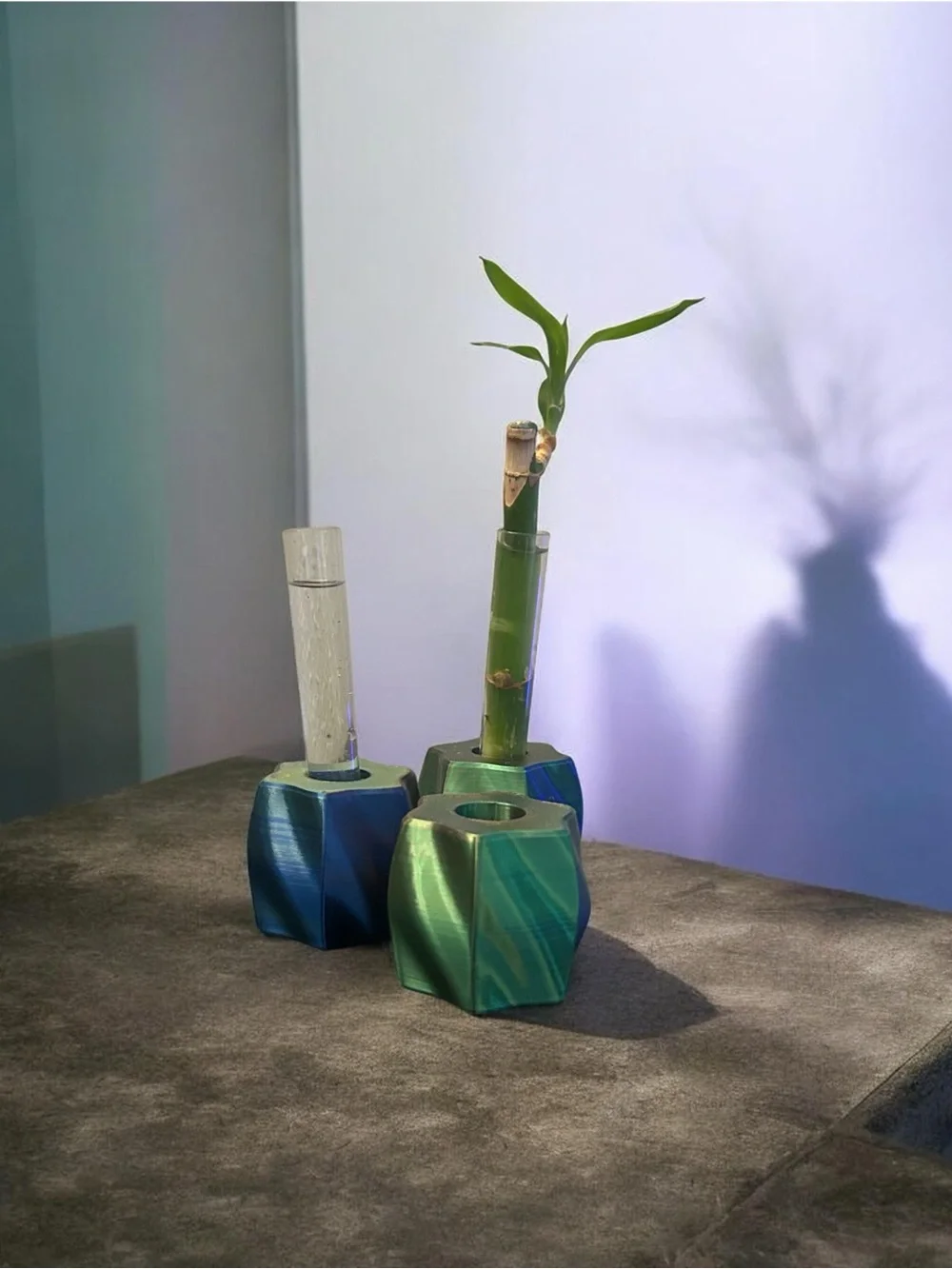 Iridescent Blue-Green Geometric Bud Vases - Modern Accent